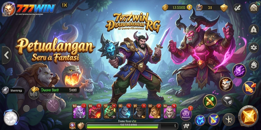Screenshot gameplay RPG dari 777WIN yang menampilkan pertarungan epik.