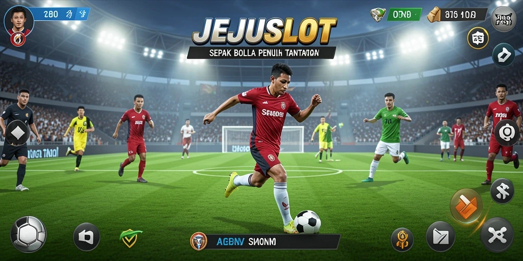 Gameplay seru JEJUSLOT menampilkan aksi sepak bola mendebarkan.