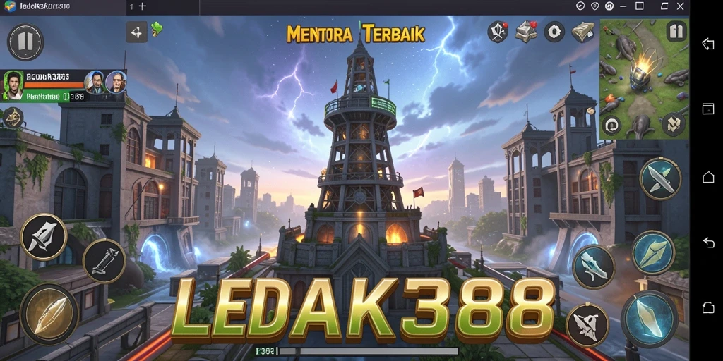 Tangkapan layar gameplay LEDAK388 menunjukkan aksi pertahanan menara yang intens.