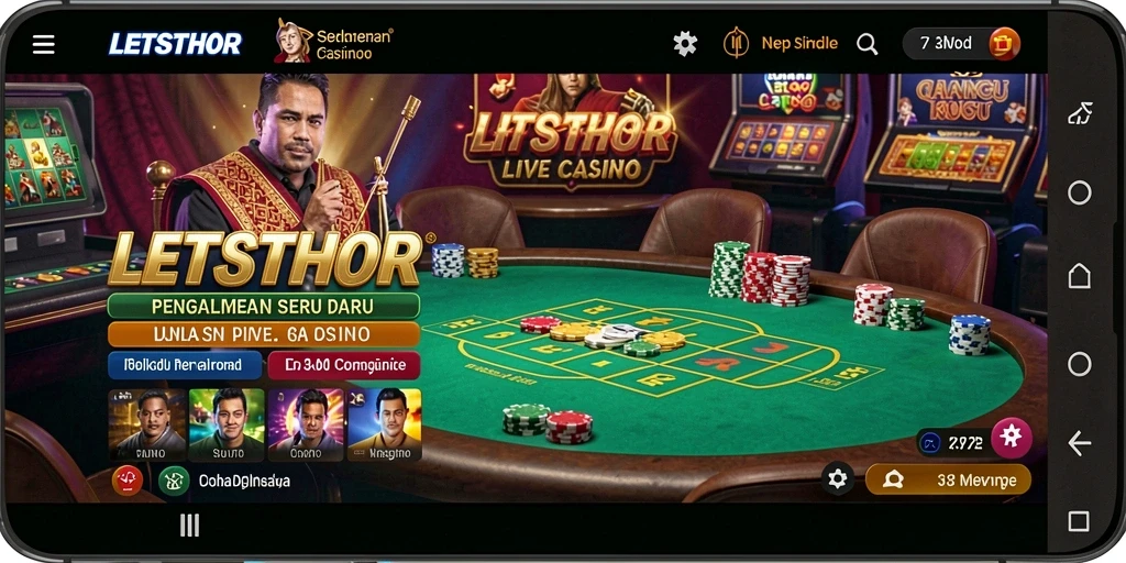 Screenshot gameplay LETSTHOR menampilkan dealer dan meja kasino yang interaktif.