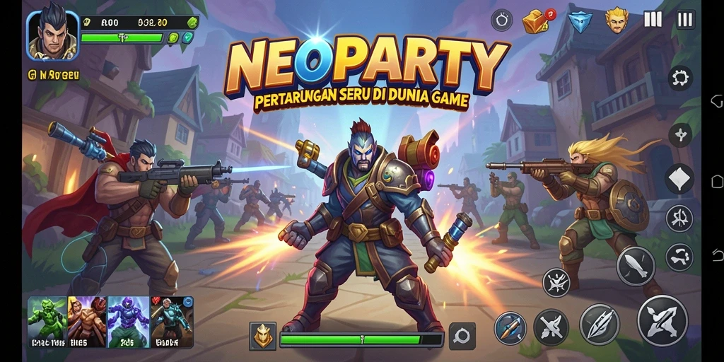 Screenshot utama NEOPARTY menampilkan atmosfer pertarungan yang mendebarkan.
