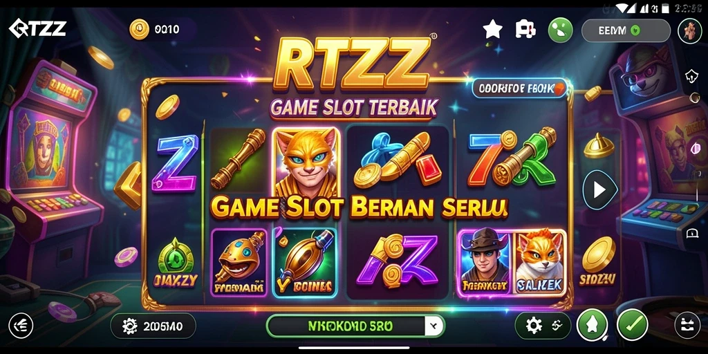 Screenshot gameplay RTZZ menampilkan slot yang penuh warna dan efek visual yang menarik.