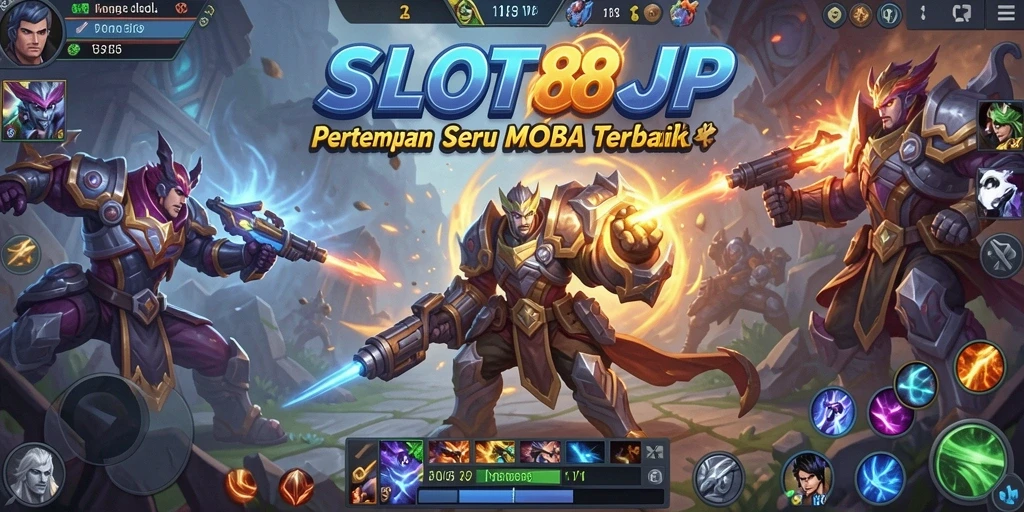 Tampilan gameplay SLOT88JP dengan aksi seru dalam pertempuran MOBA.
