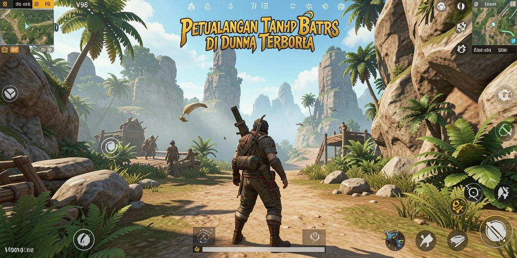 Screenshot gameplay V98 menampilkan eksplorasi dunia terbuka yang menakjubkan.
