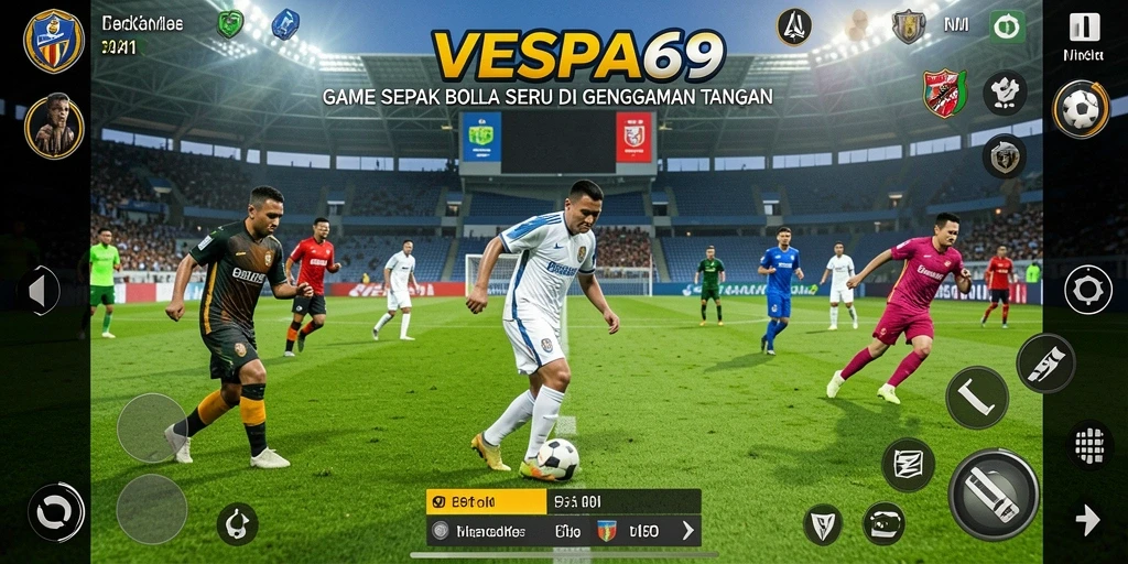 Screenshot VESPA69 menunjukkan aksi seru di lapangan sepak bola.
